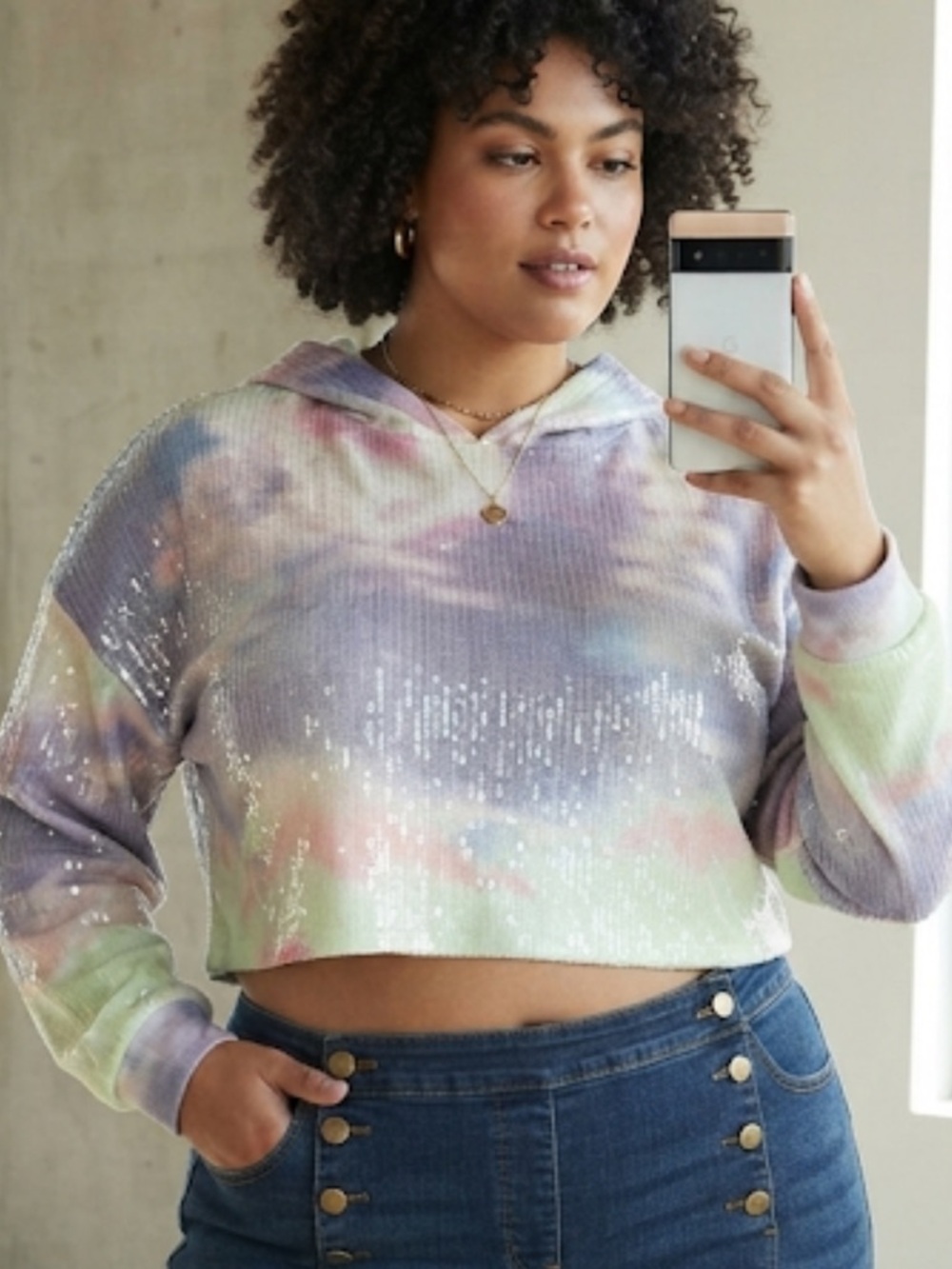 Forever 21 Pastel Rainbow Sequin Crop Hoodie-L